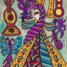 Baya, Femme, mandoline et papillon (1988) by Baya